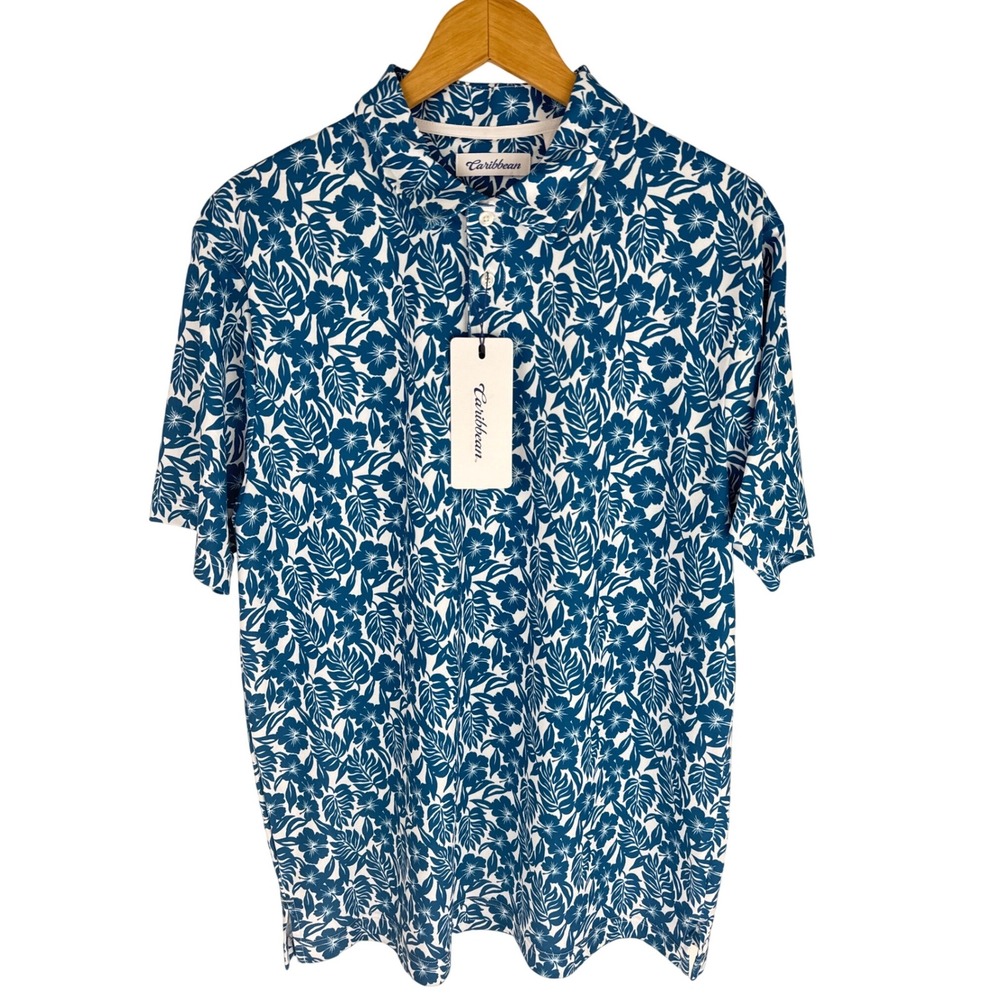 Caribbean Roundtree & Yorke Mens Floral Short Sleeve Shirt Blue Medium